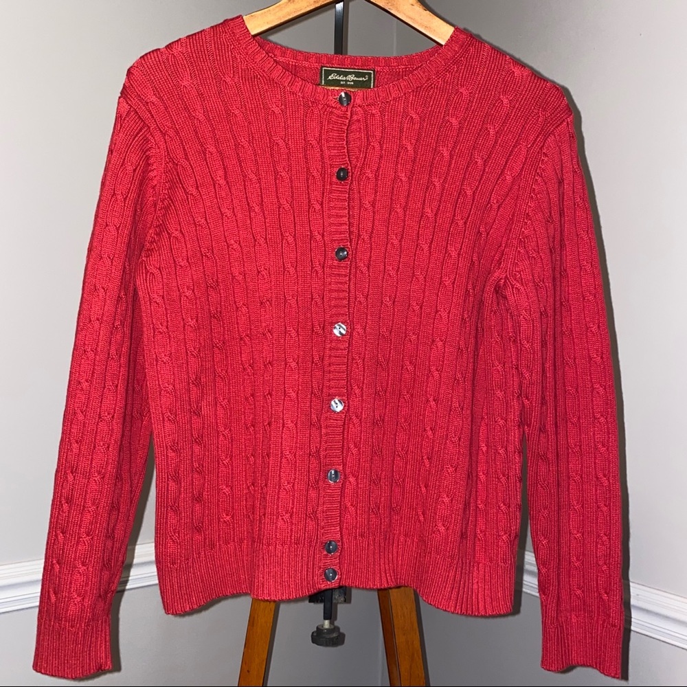 Eddie Bauer Red Cable Button Sweater Cardigan